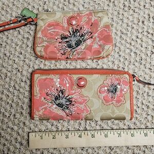 Coach Poppy Flower Khaki Signature Sequin Coral Wristlet and Wallet